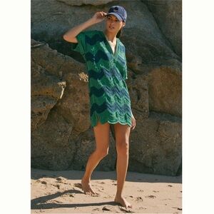 Anthropologie Navy Striped Wave Crochet Hooded Sweater Dress Beach Coverup M